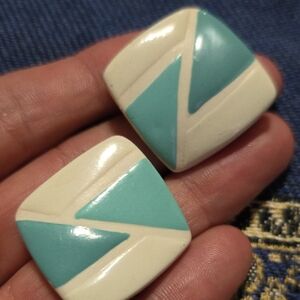 Vintage Turquoise & Cream Geometric Earrings
